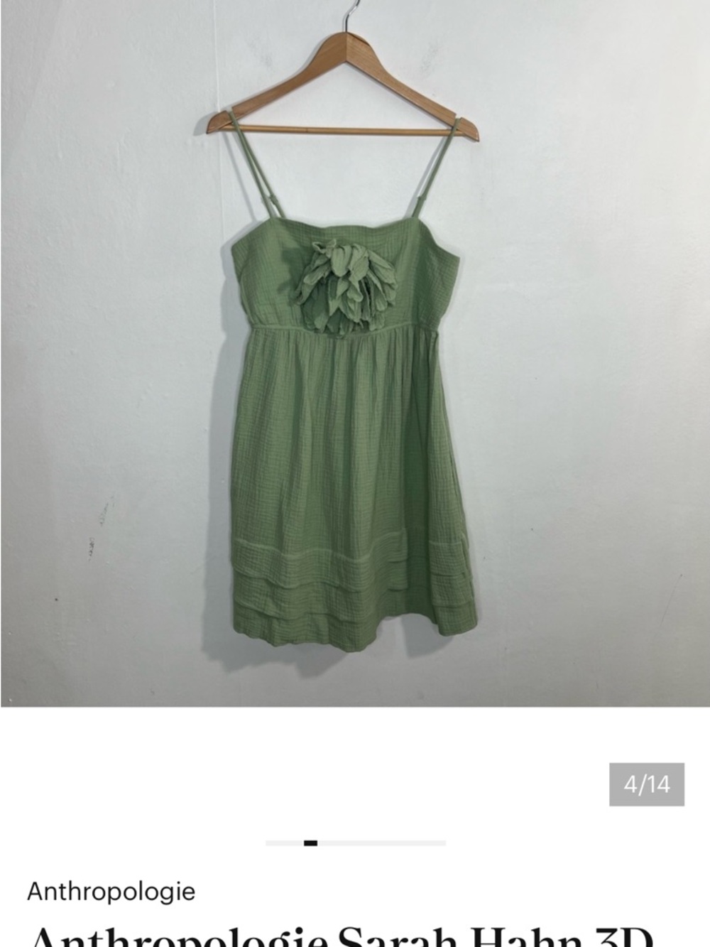 Anthropologie Green Spaghetti-Strap Sundress with Floral Applique